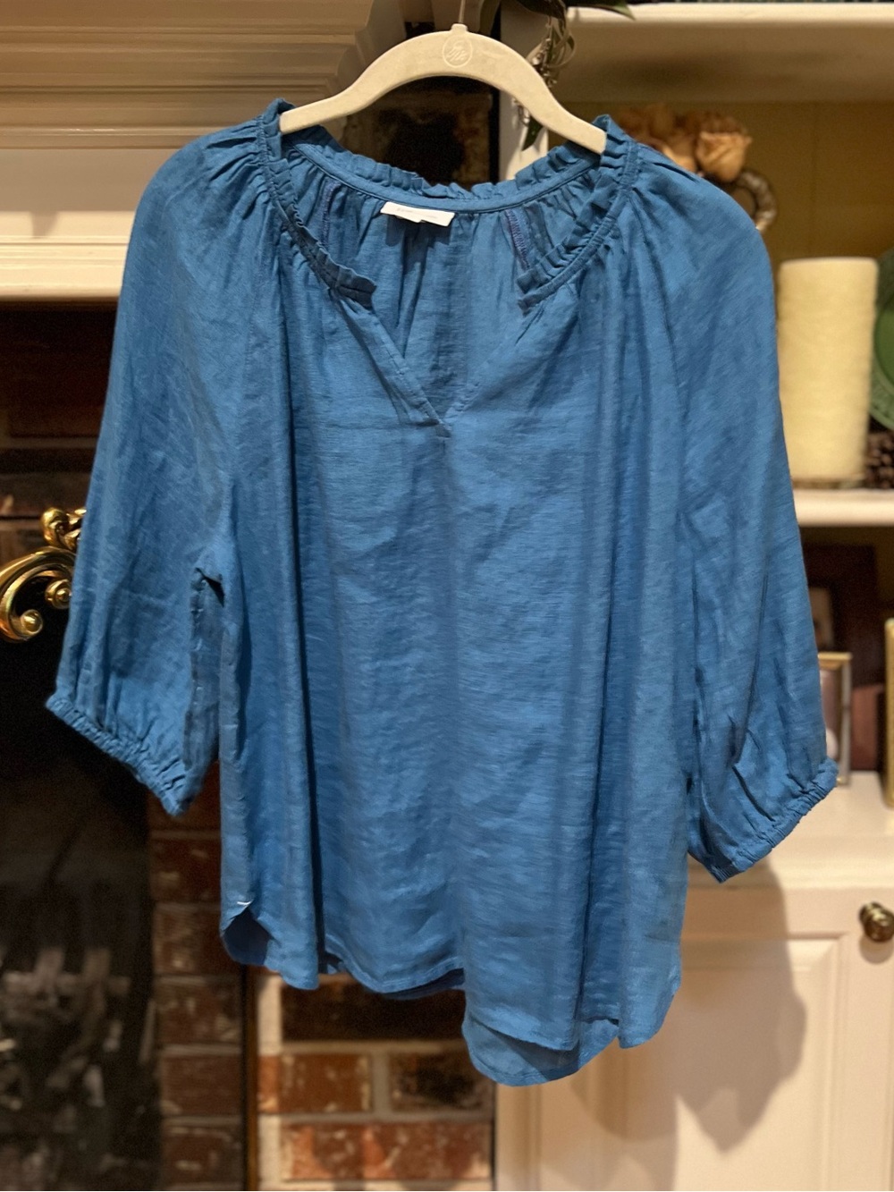 J. Jill Blue Peasant Top Shirt tail Hem PS linen